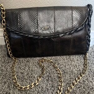 Vintage Lancel Snakeskin Shoulder Bag – Made in Spain – Black with Gold Chain